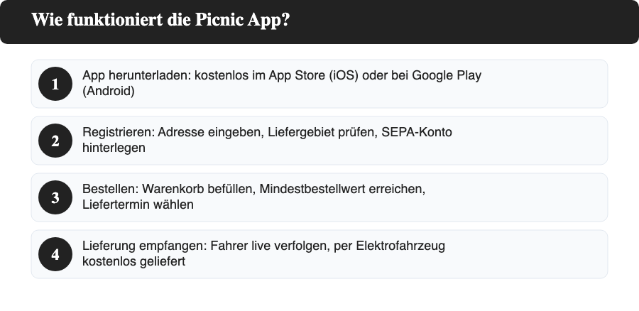Infografik: Picnic App nutzen in 4 Schritten - von Download bis Lieferung