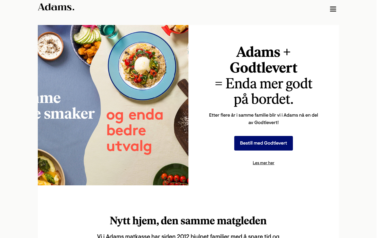Skjermbilde av Adams Matkasse sin nettside som viser sammenslåingen med Godtlevert under Cheffelo