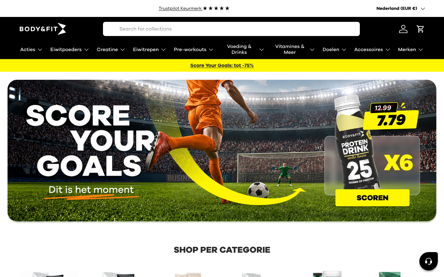 Homepage van Body en Fit met sportvoeding en eiwitrepen