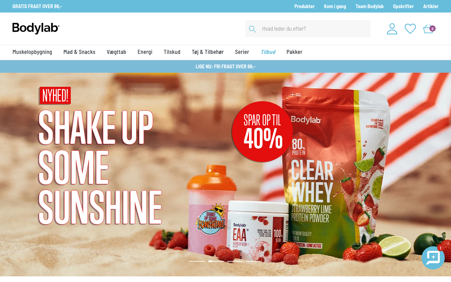 Screenshot af bodylab.dk webshop forsiden med sommerkampagne og fri fragt fra 99 kr.