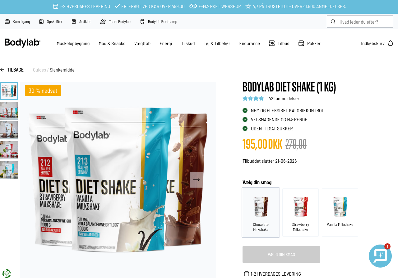 Bodylab Diet Shake produktside med pris omkring 195 kr og tre milkshake-smage