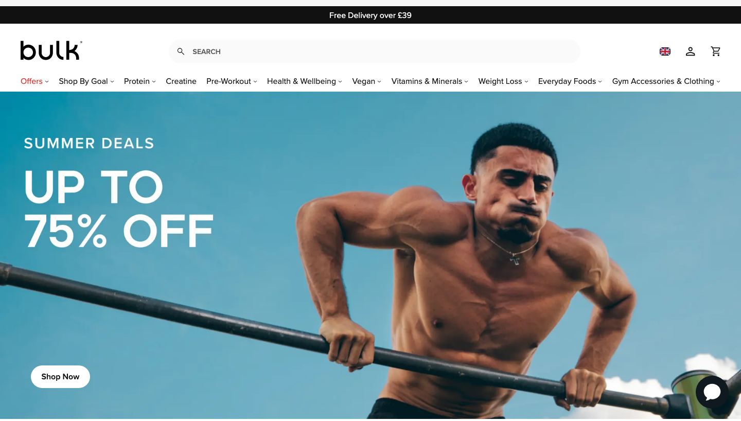 Bulk UK homepage showing protein range and deals
