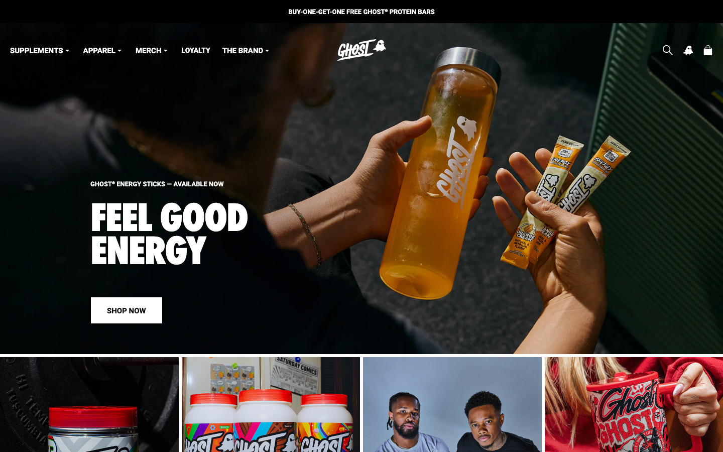 Ghost lifestyle homepage with dessert-style protein branding