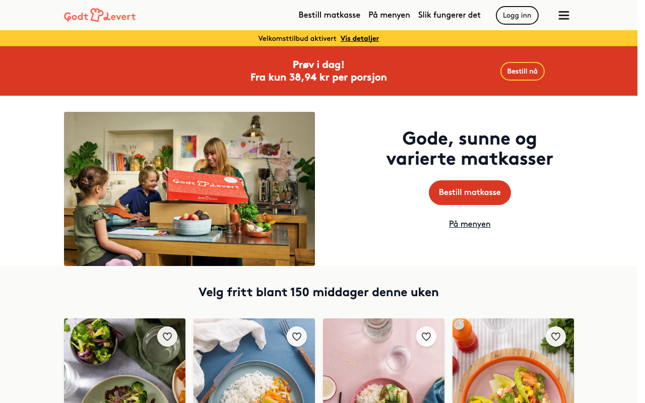 Skjermbilde av Godtlevert sin nettside med 150 middager å velge mellom hver uke
