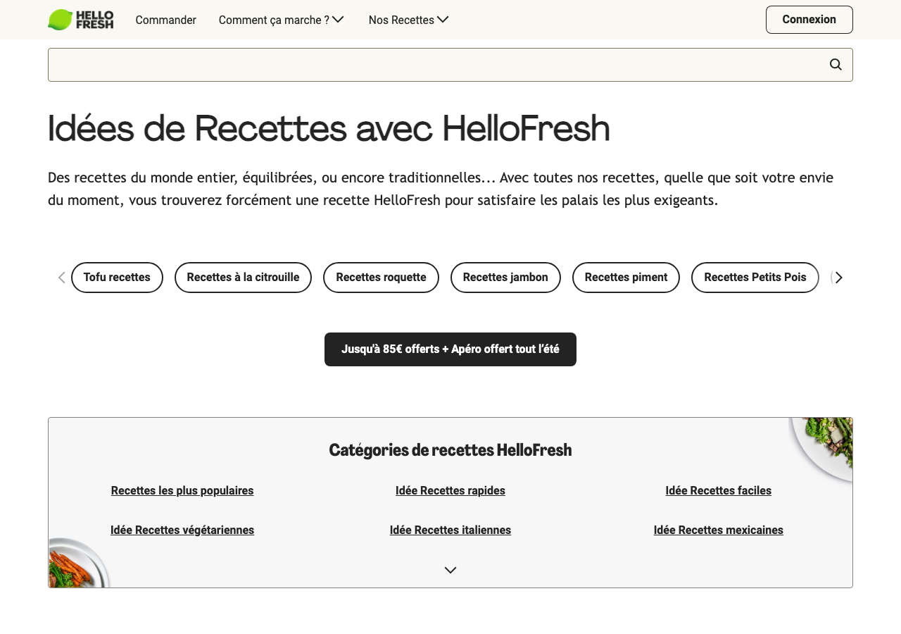 Page des idées de recettes HelloFresh avec les catégories rapides, végétariennes, italiennes et mexicaines