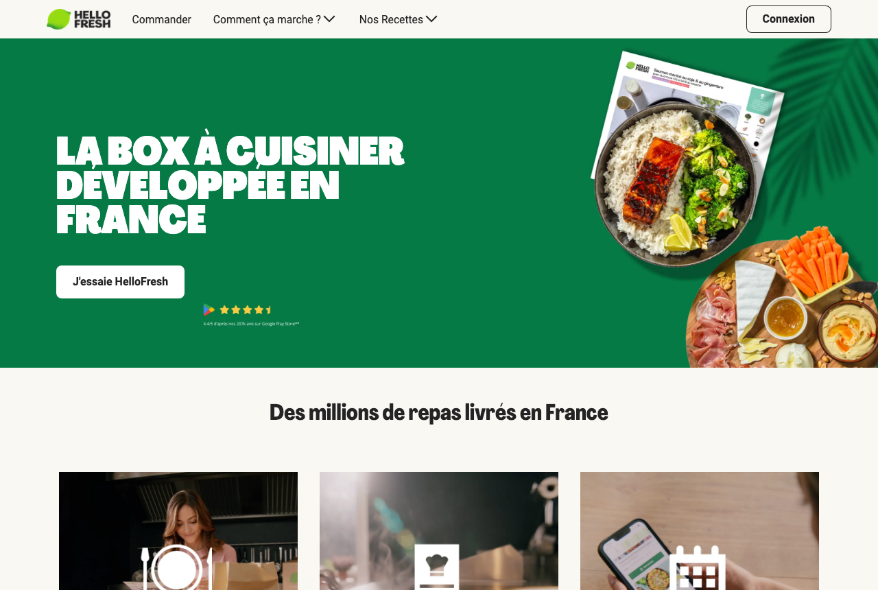 Page d'accueil du site HelloFresh France présentant la box repas à cuisiner