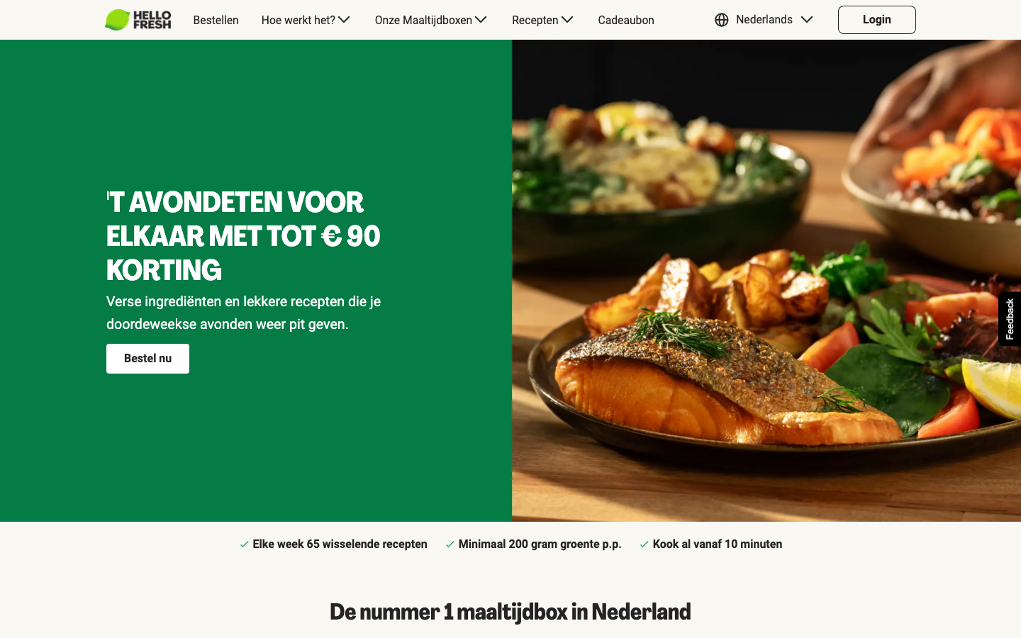 Homepage van HelloFresh met de maaltijdbox en welkomstkorting