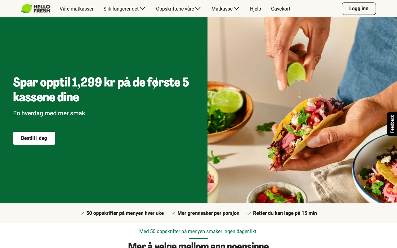 Skjermbilde av HelloFresh sin norske nettside med nykunde-tilbud opptil 1299 kroner spart over fem kasser