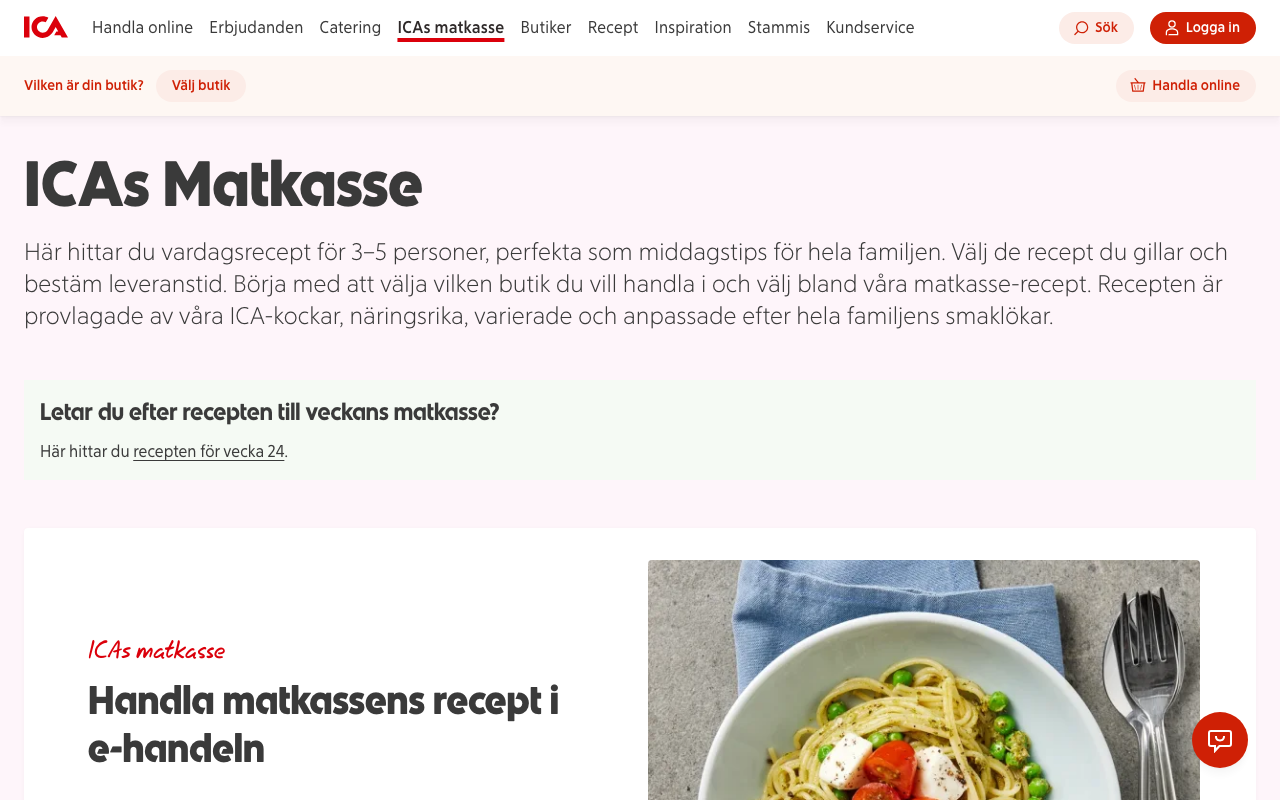 ICAs Matkasse sida som beskriver vardagsrecept för 3 till 5 personer och hur du handlar matkassens recept i e-handeln