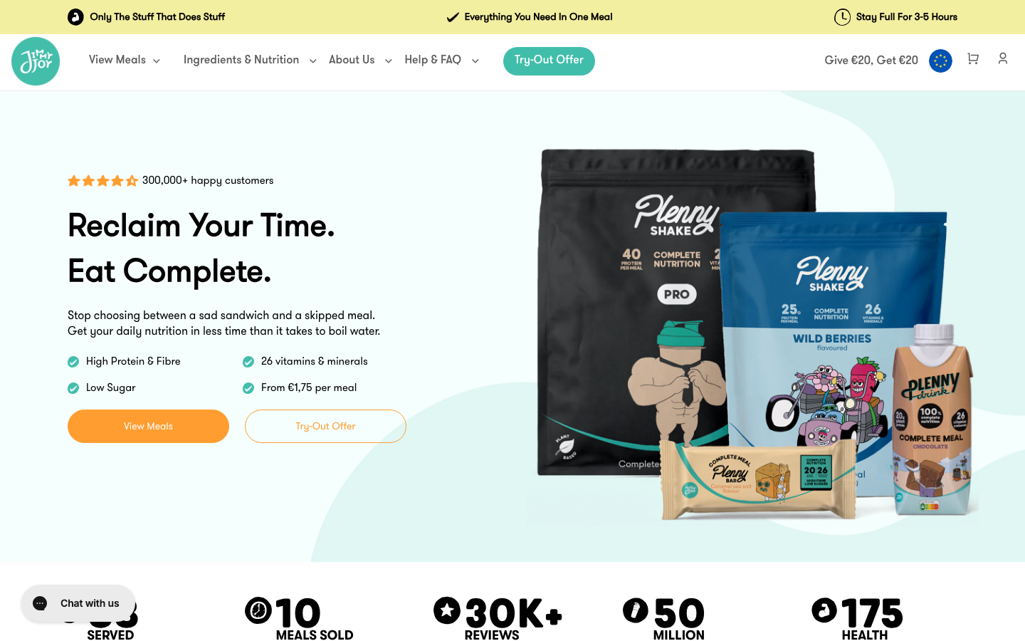 Homepage van Jimmy Joy met de Plenny Shake maaltijdvervanger