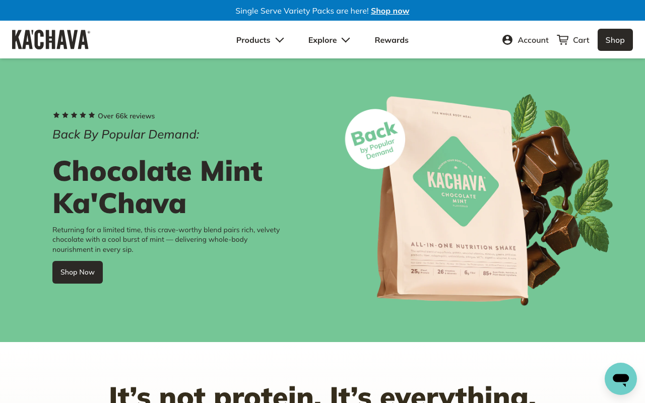 Kachava all-in-one nutrition shake homepage showing the chocolate mint product and 25g protein
