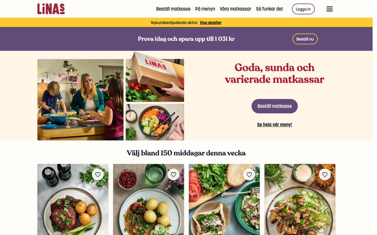 Linas Matkasse startsida med texten goda, sunda och varierade matkassar och 150 middagar att välja bland denna vecka