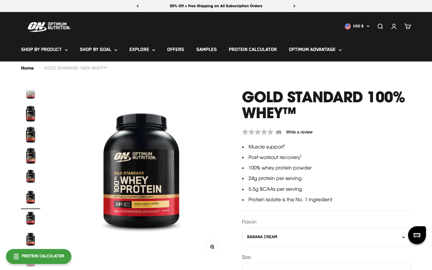Página de producto oficial Gold Standard 100% Whey de Optimum Nutrition