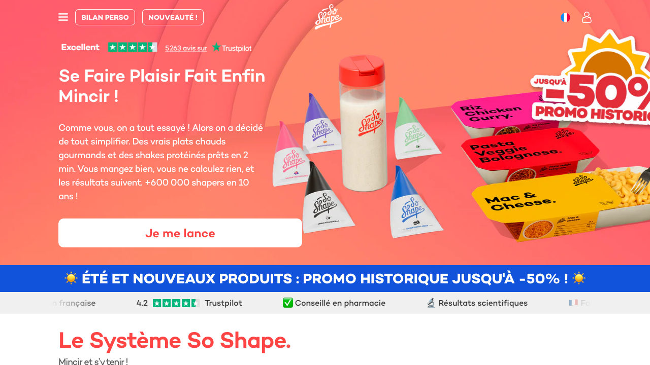 Page d'accueil de soshape.com : gamme de produits minceur et programmes disponibles
