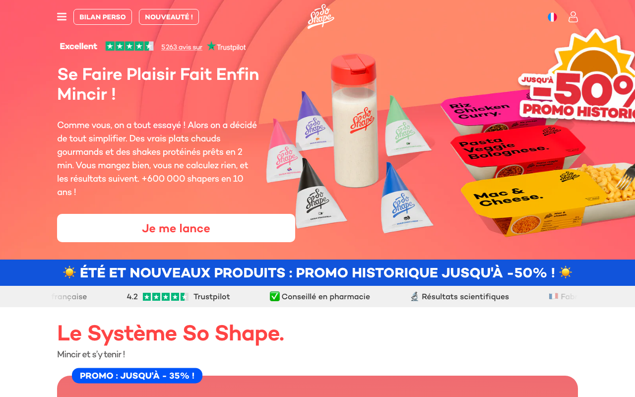 Page d'accueil du site So Shape avec ses produits et saveurs