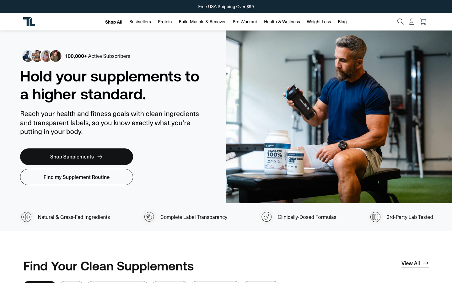 Transparent Labs homepage highlighting clean ingredients and third-party lab testing