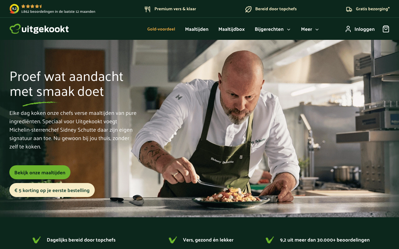 Homepage van Uitgekookt met verse kant en klaar maaltijden aan huis bezorgd
