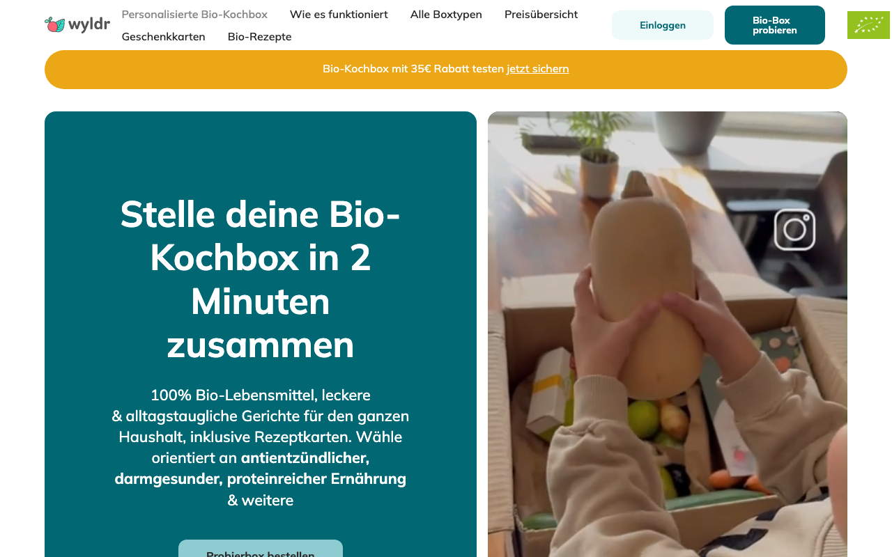 wyldr Homepage - Günstigste Bio-Kochbox ab 4,11 Euro pro Portion