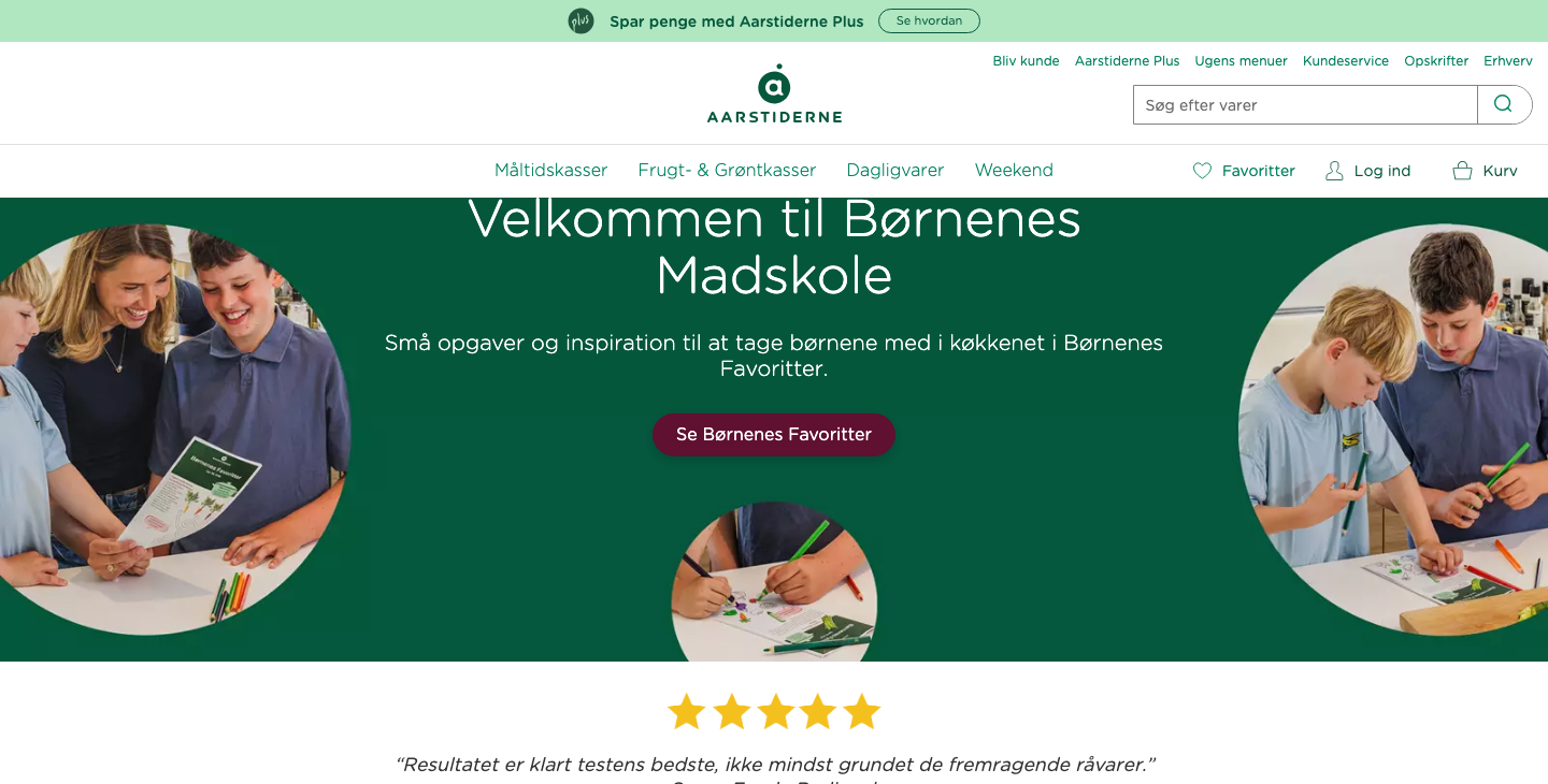 Forsiden af Aarstiderne med økologiske måltidskasser og grøntsagskasser