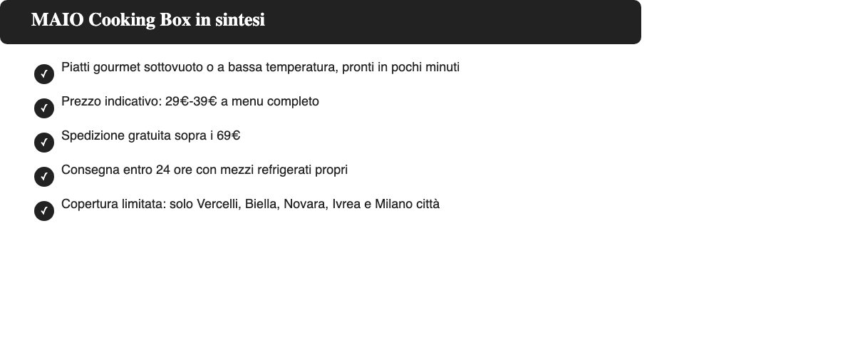 Checklist con i punti chiave di MAIO Cooking Box: prezzo, consegna, copertura e punti di forza