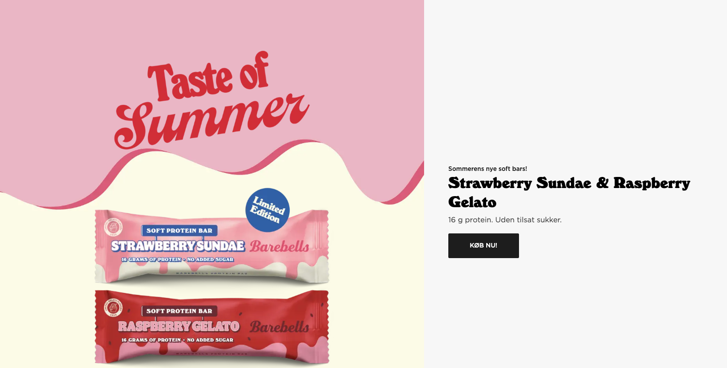 Barebells.dk forside med Soft Protein Bar i smagene Strawberry Sundae og Raspberry Gelato