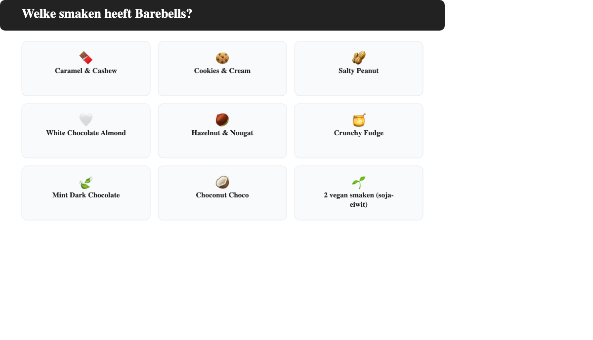 Overzicht: Barebells smaken per categorie (kernassortiment, soft-lijn, vegan)