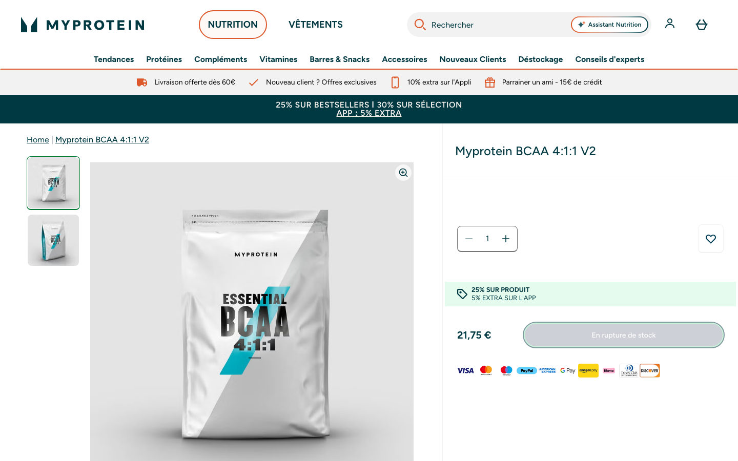 Page produit MyProtein BCAA 4:1:1 en poudre