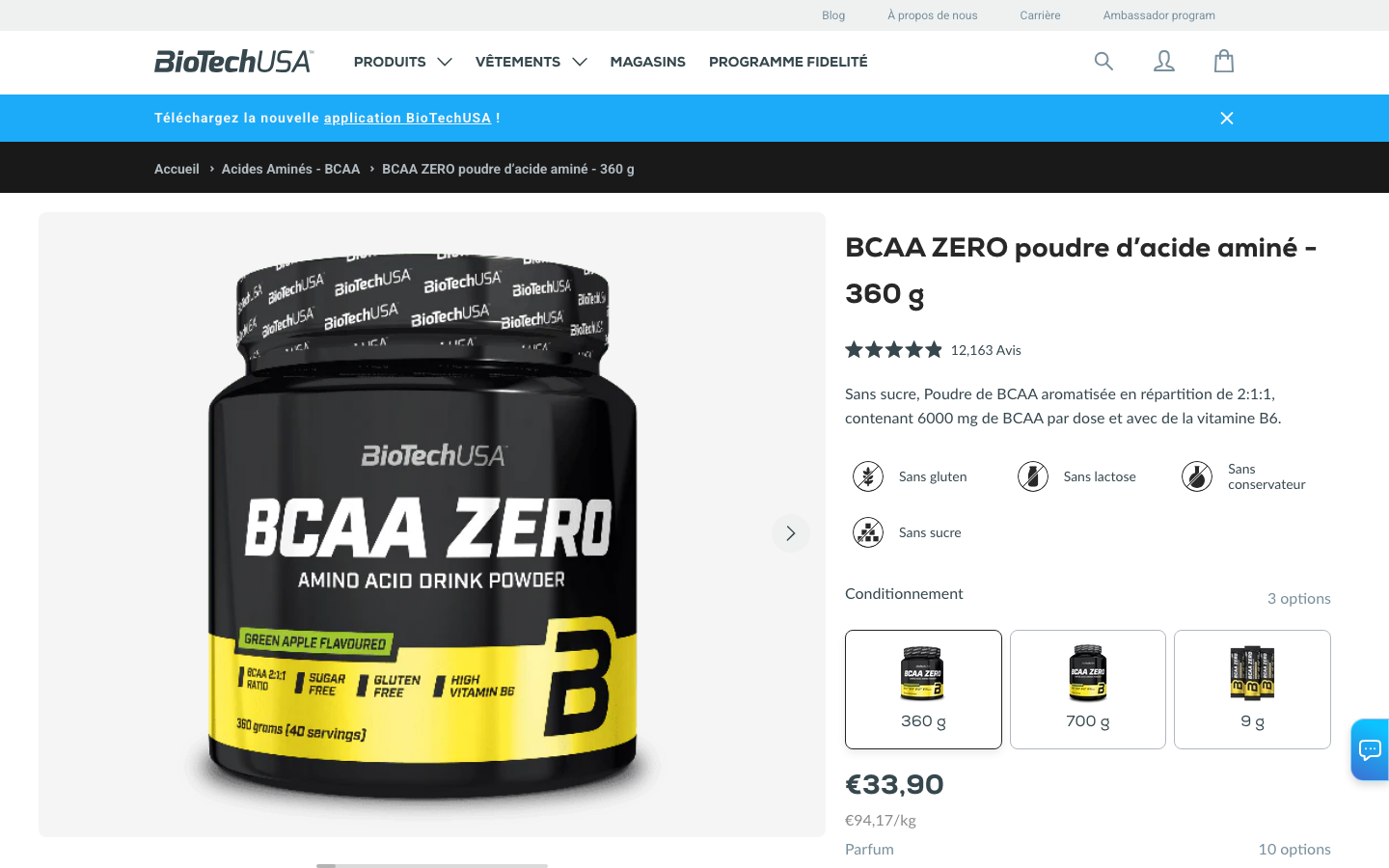 Page produit BioTechUSA BCAA Zero poudre 360 g