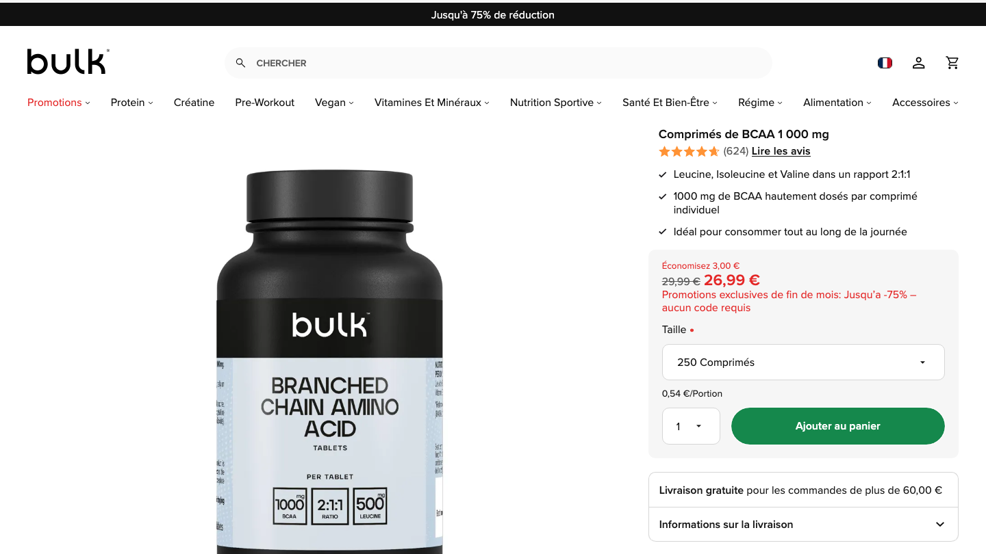 Page produit Bulk comprimés BCAA 1000 mg ratio 2:1:1