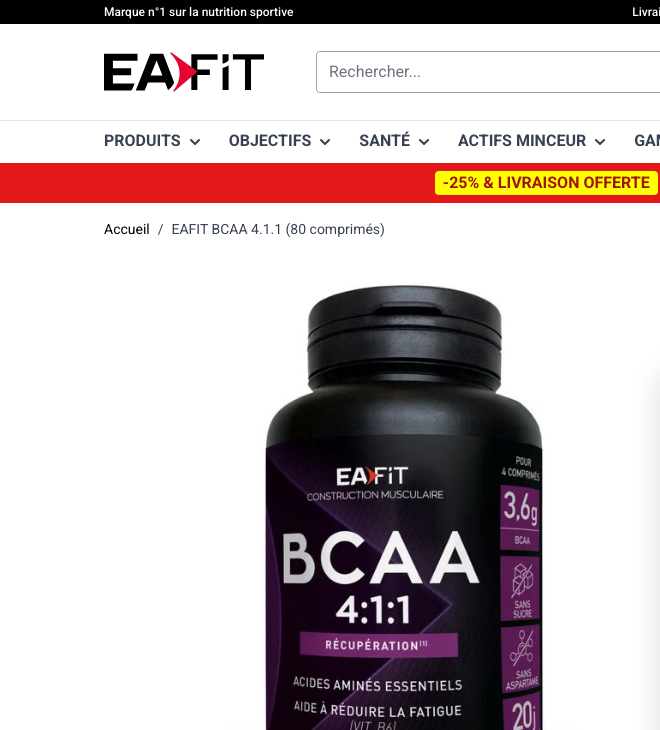 Page produit EAFIT BCAA 4.1.1 en comprimés