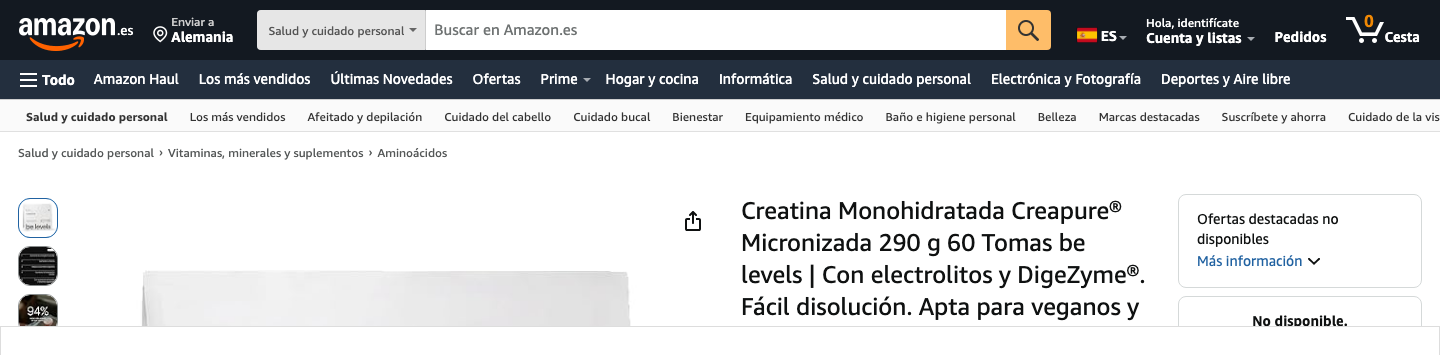 Ficha de producto de la Creatina Creapure be levels con electrolitos y DigeZyme en Amazon.es