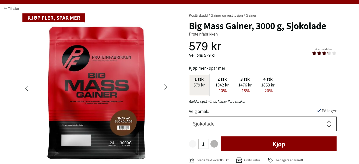 Big Mass Gainer produktside hos Proteinfabrikken, sjokoladesmak, 3000 g