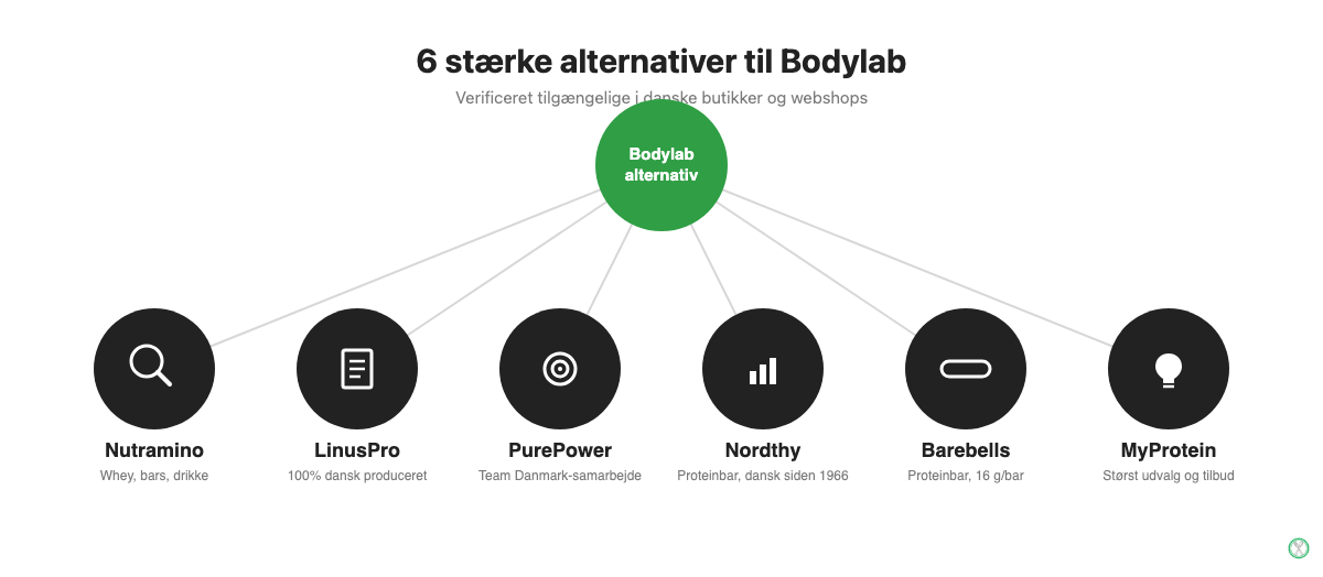 Oversigt over seks alternativer til Bodylab protein: Nutramino, LinusPro, PurePower, Nordthy, Barebells og MyProtein