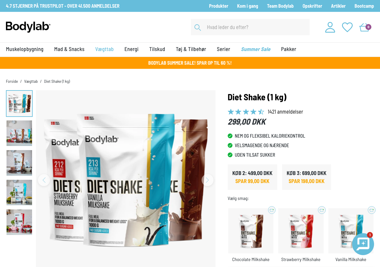 Skærmbillede af Bodylab Diet Shake produktside på bodylab.dk