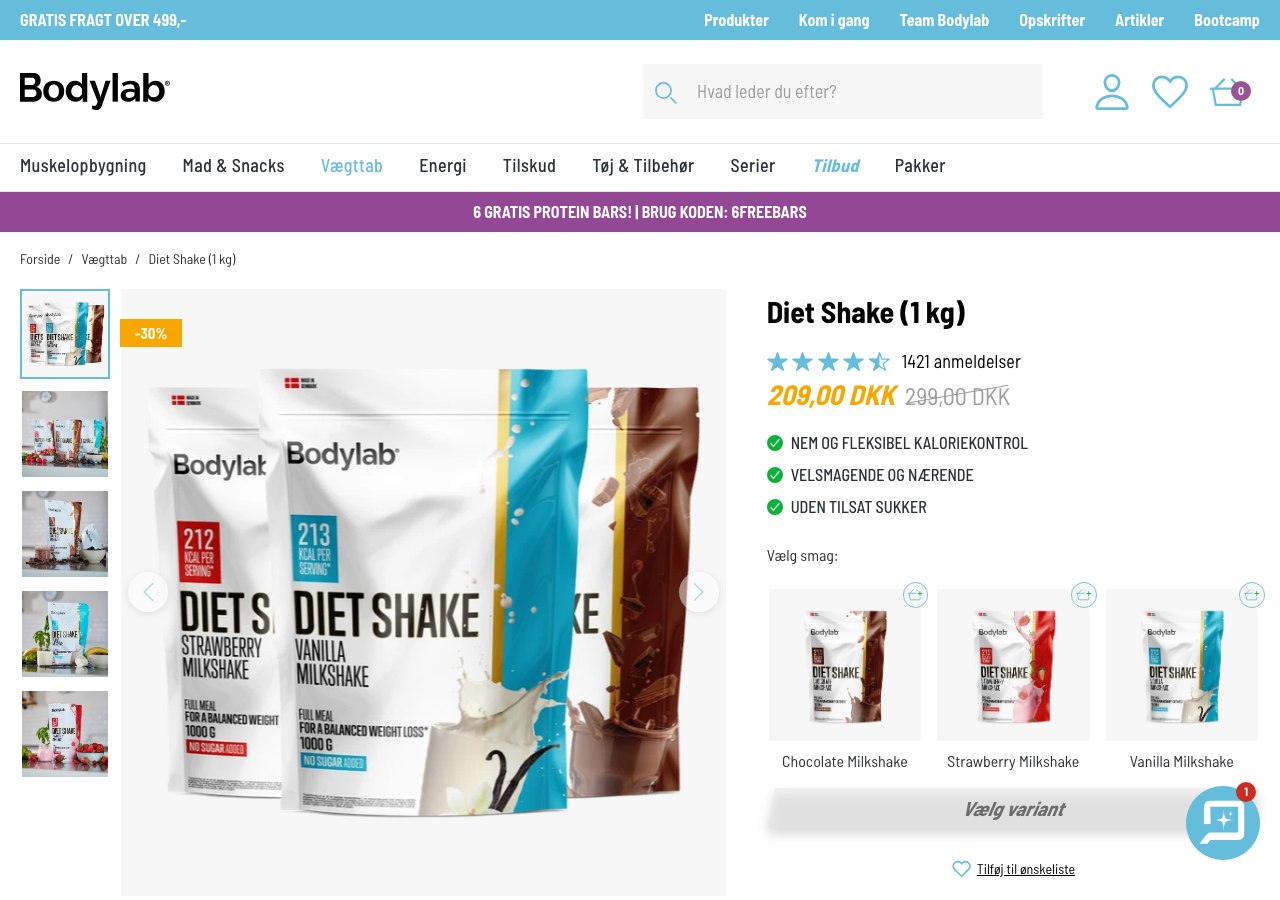 Skærmbillede af Bodylab Diet Shake produktside på bodylab.dk