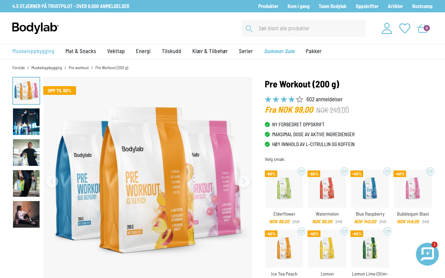 Skjermbilde av Bodylab Pre Workout produktside på bodylab.no