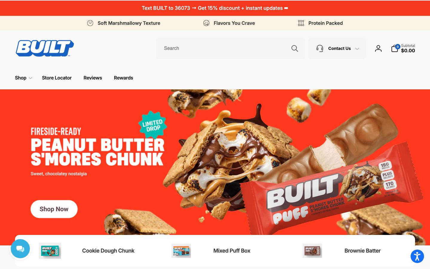 Built Puff hero product shot on built.com showing the chocolate-coated marshmallow bar and current flavor lineup