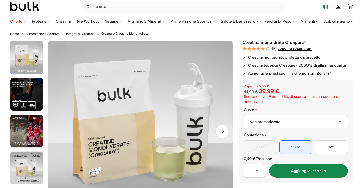 Pagina prodotto Bulk Creapure Creatine Monohydrate su bulk.com/it