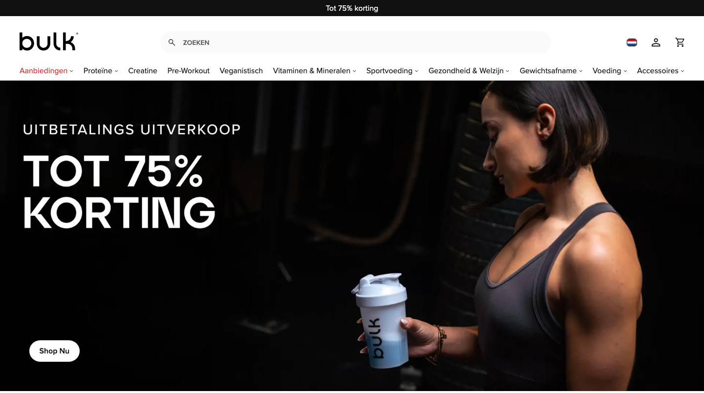 Homepage van bulk.com/nl, de Nederlandse webshop van Bulk eiwitpoeder