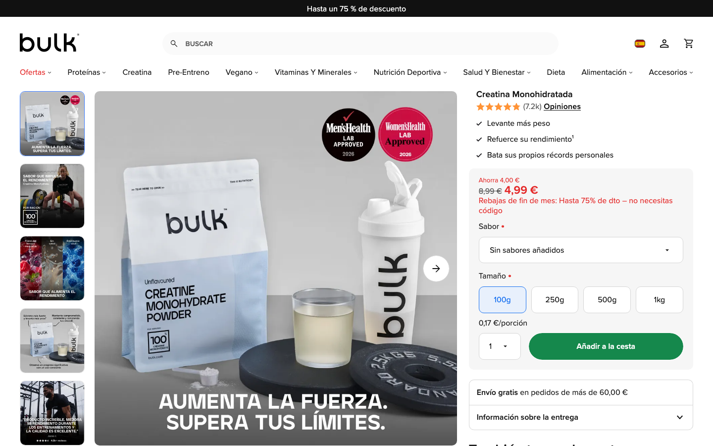 Ficha de producto de Bulk Creatine Monohydrate en bulk.com/es con selector de tamaños