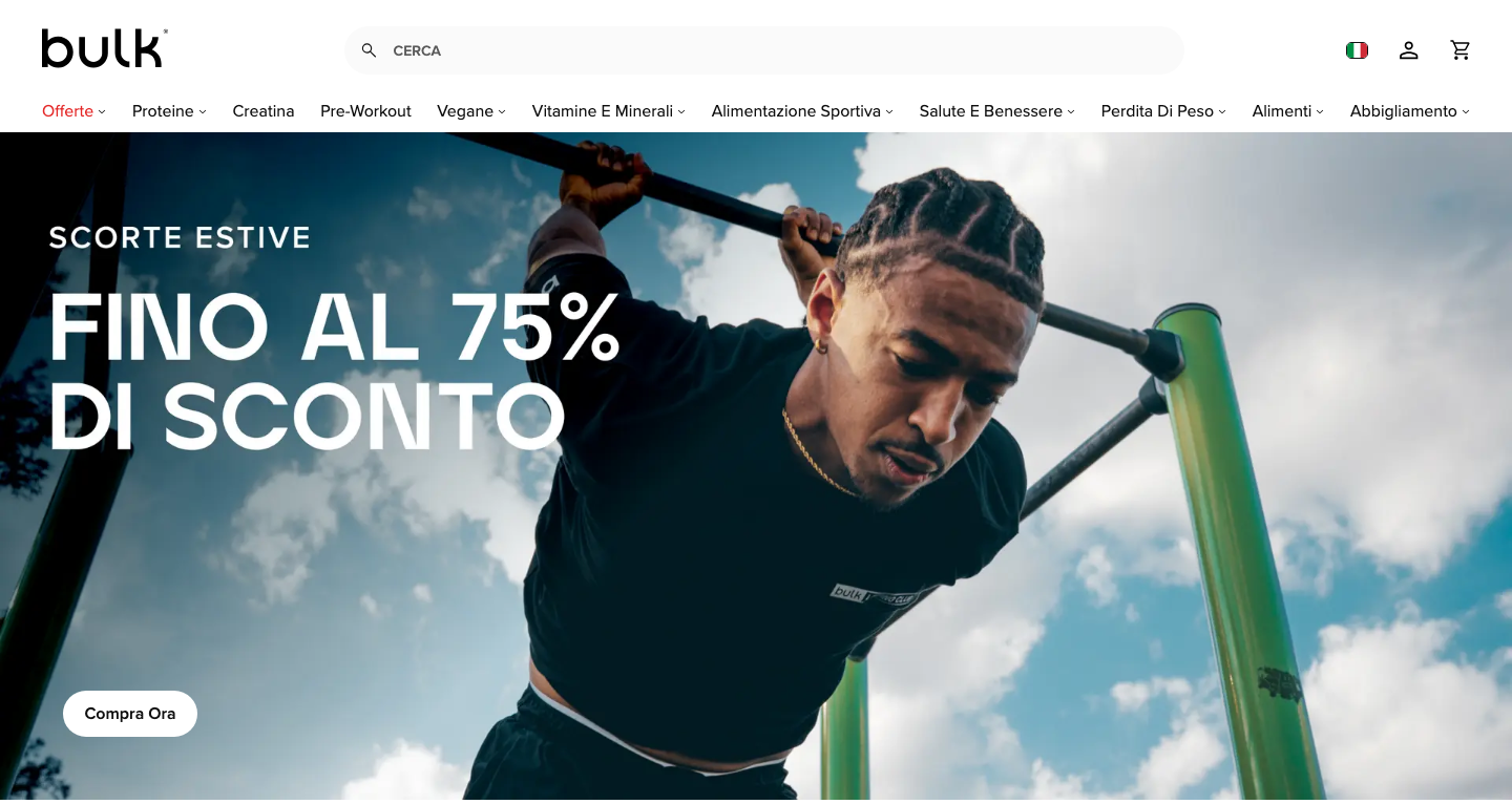Homepage ufficiale di Bulk Italia con la gamma di proteine e integratori sportivi