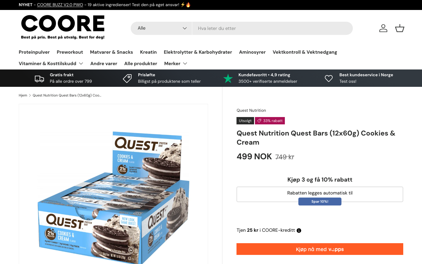 Quest Bar Cookies and Cream produktside hos coore.no med pris i norske kroner