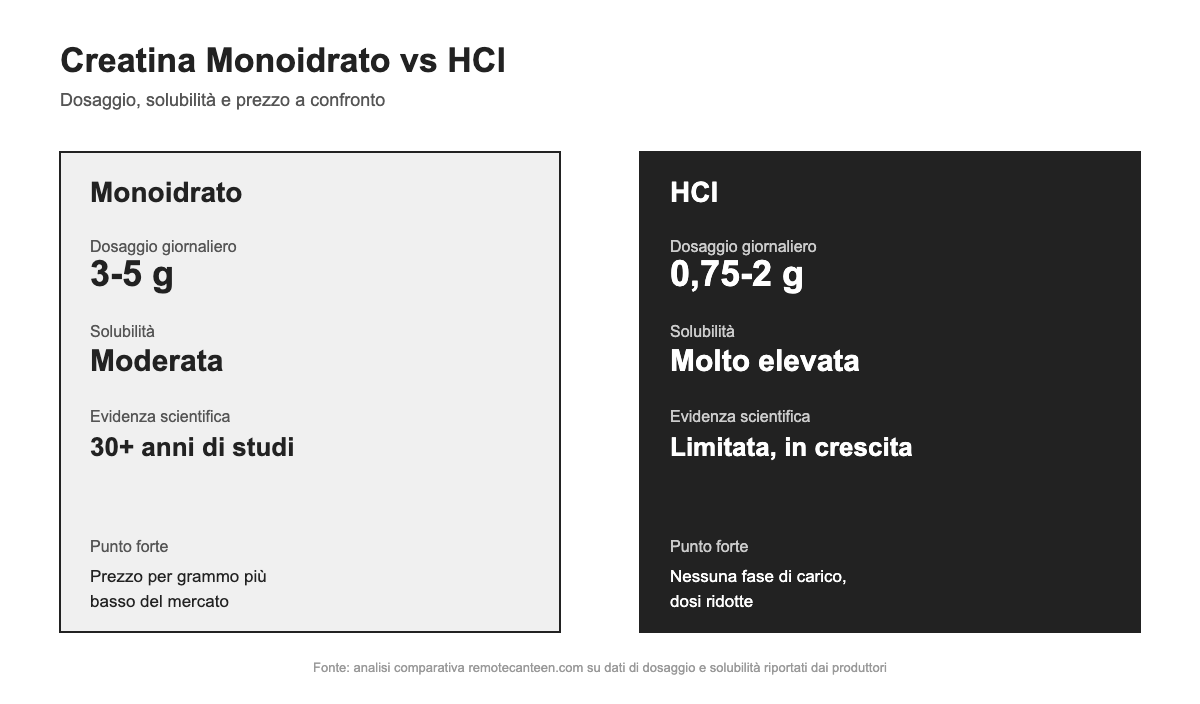 Confronto tra creatina monoidrato e creatina HCl: dosaggio, solubilità ed evidenza scientifica