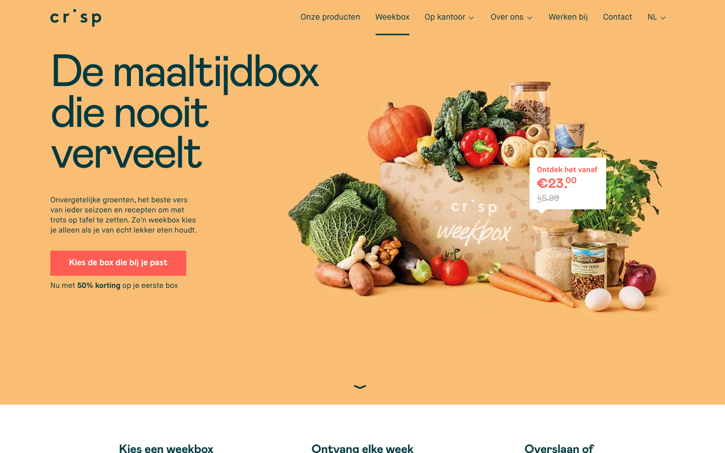 Homepage van Crisp Weekbox, maaltijdbox met een lage instapprijs