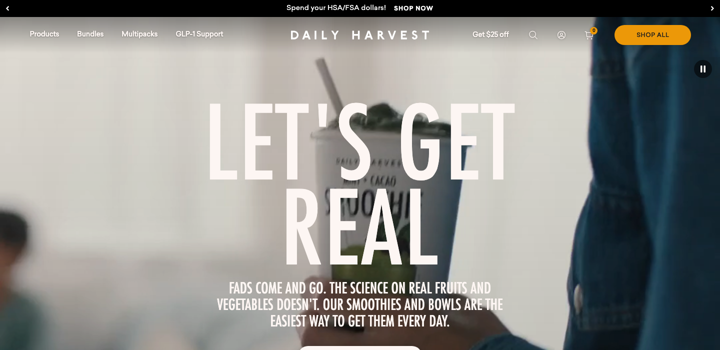 Daily Harvest homepage hero showing a branded smoothie cup