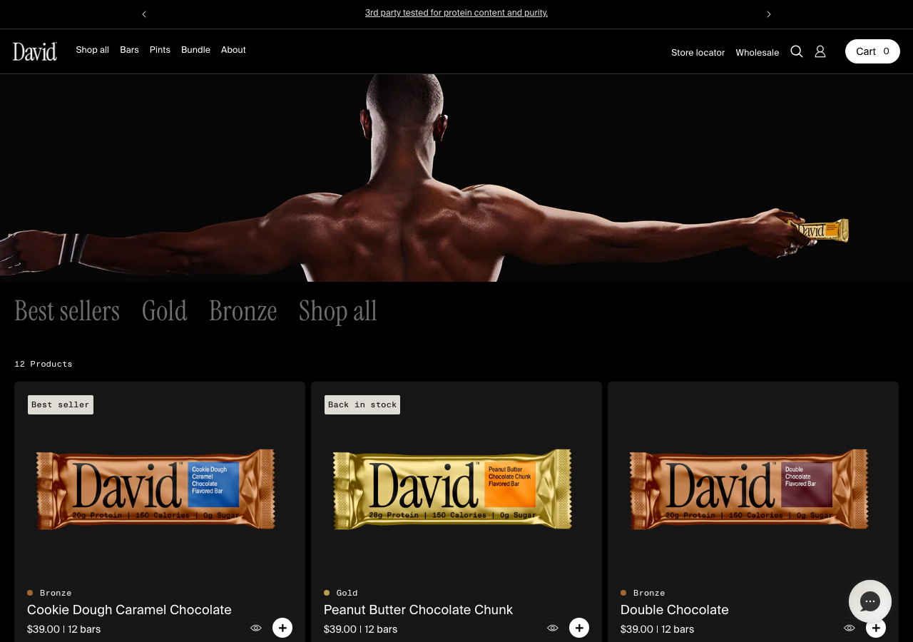 Screenshot of the David Protein Bar shop page showing Gold and Bronze line flavors with pricing