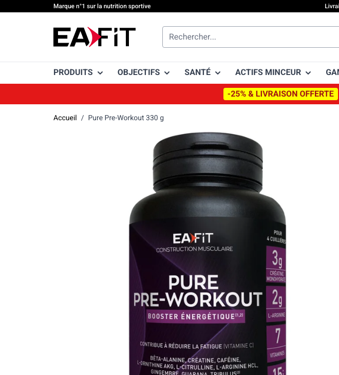 Page produit EAFIT Pure Pre-Workout, 96 mg de caféine