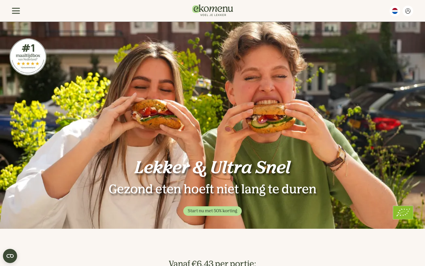 Homepage van Ekomenu, de biologische en vegetarische maaltijdbox van Nederland