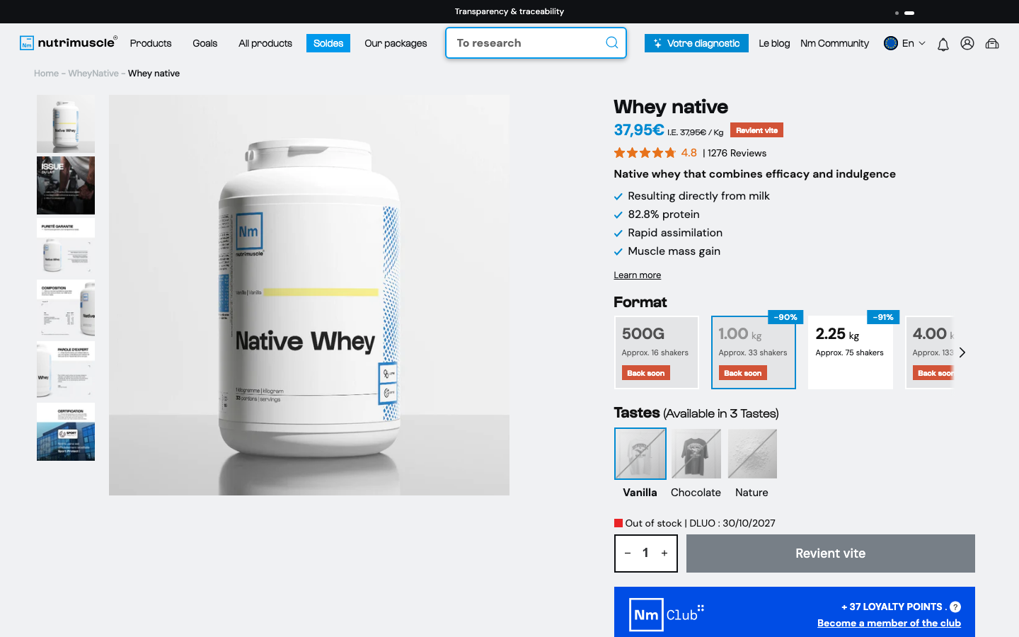 Page produit Whey Native de la marque Nutrimuscle