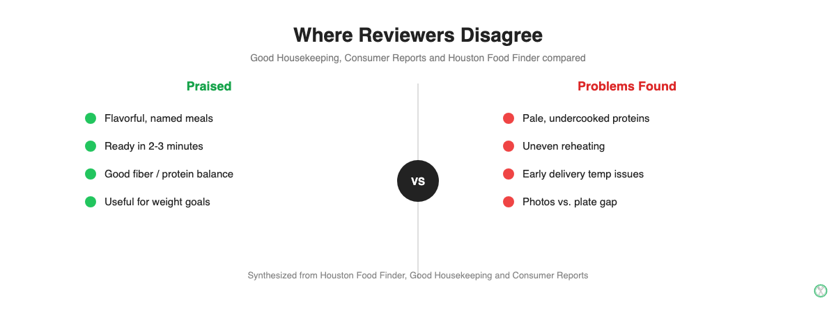 Pros and cons summary of professional Factor Meals reviews showing where reviewers agree and disagree